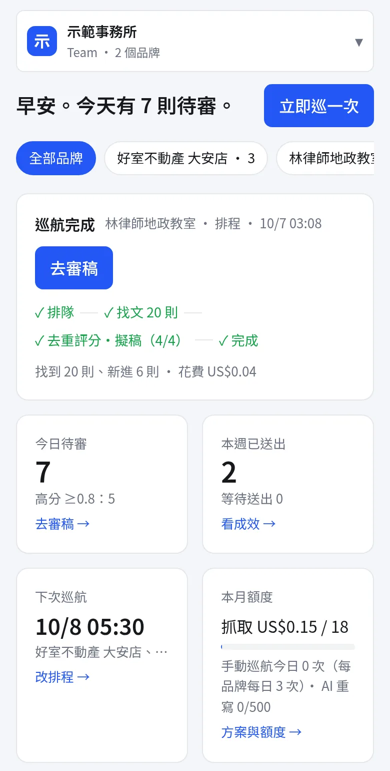 手機版儀表板：今天有 2 則待審、立即巡一次、巡航完成進度與四張數字卡