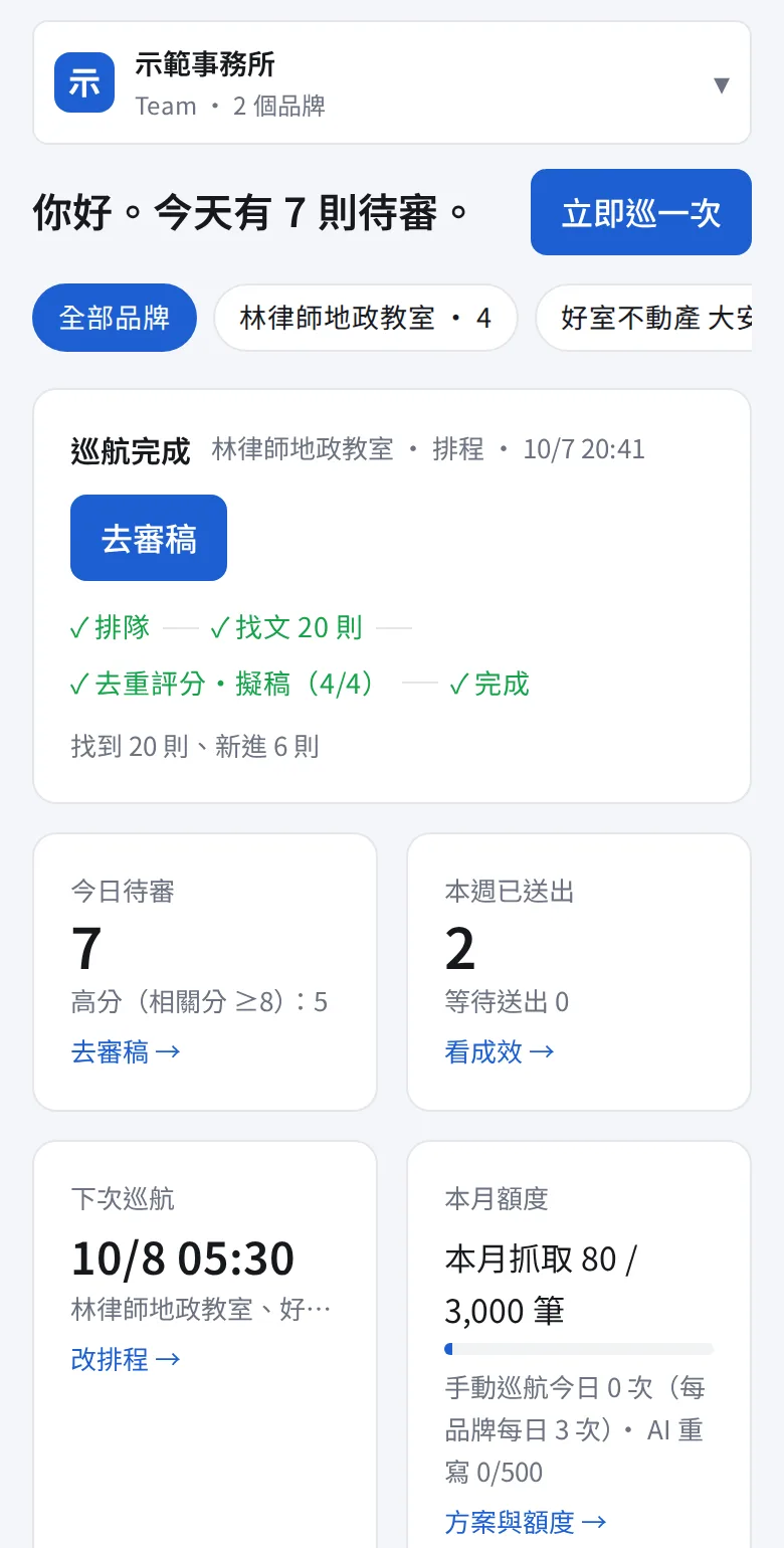 手機版儀表板:今天有 7 則待審、立即巡一次、巡航完成進度與四張數字卡
